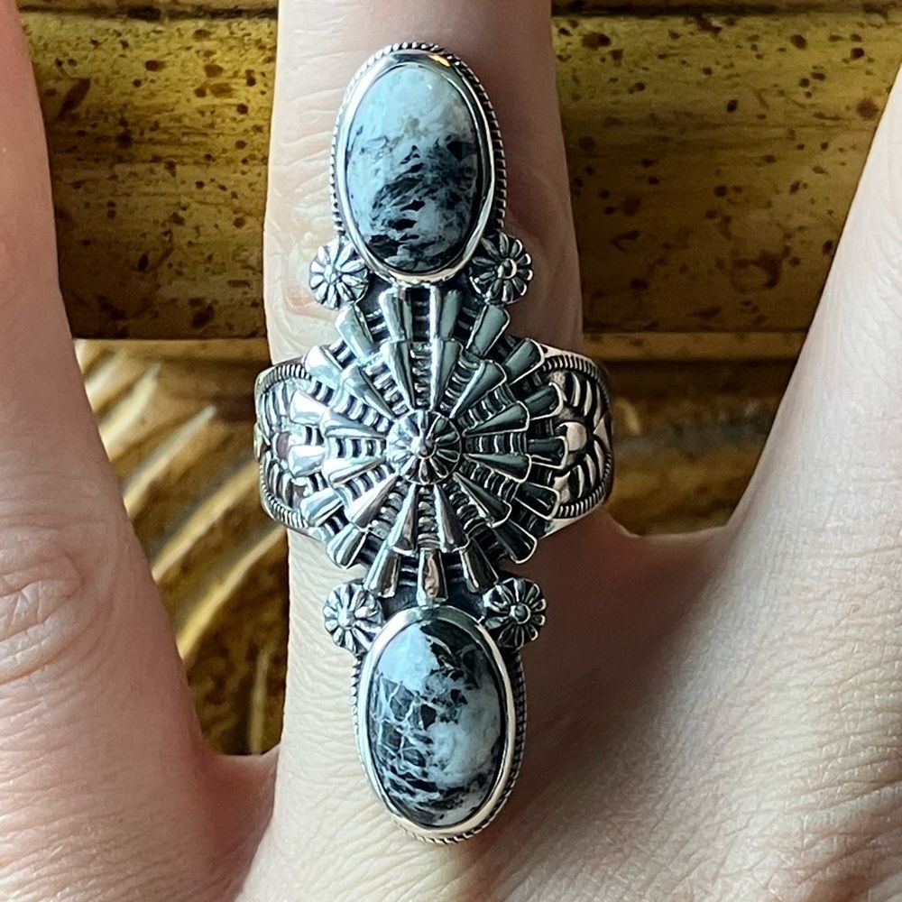 White Buffalo Turquoise Sterling Silver Statement Ring Size 7